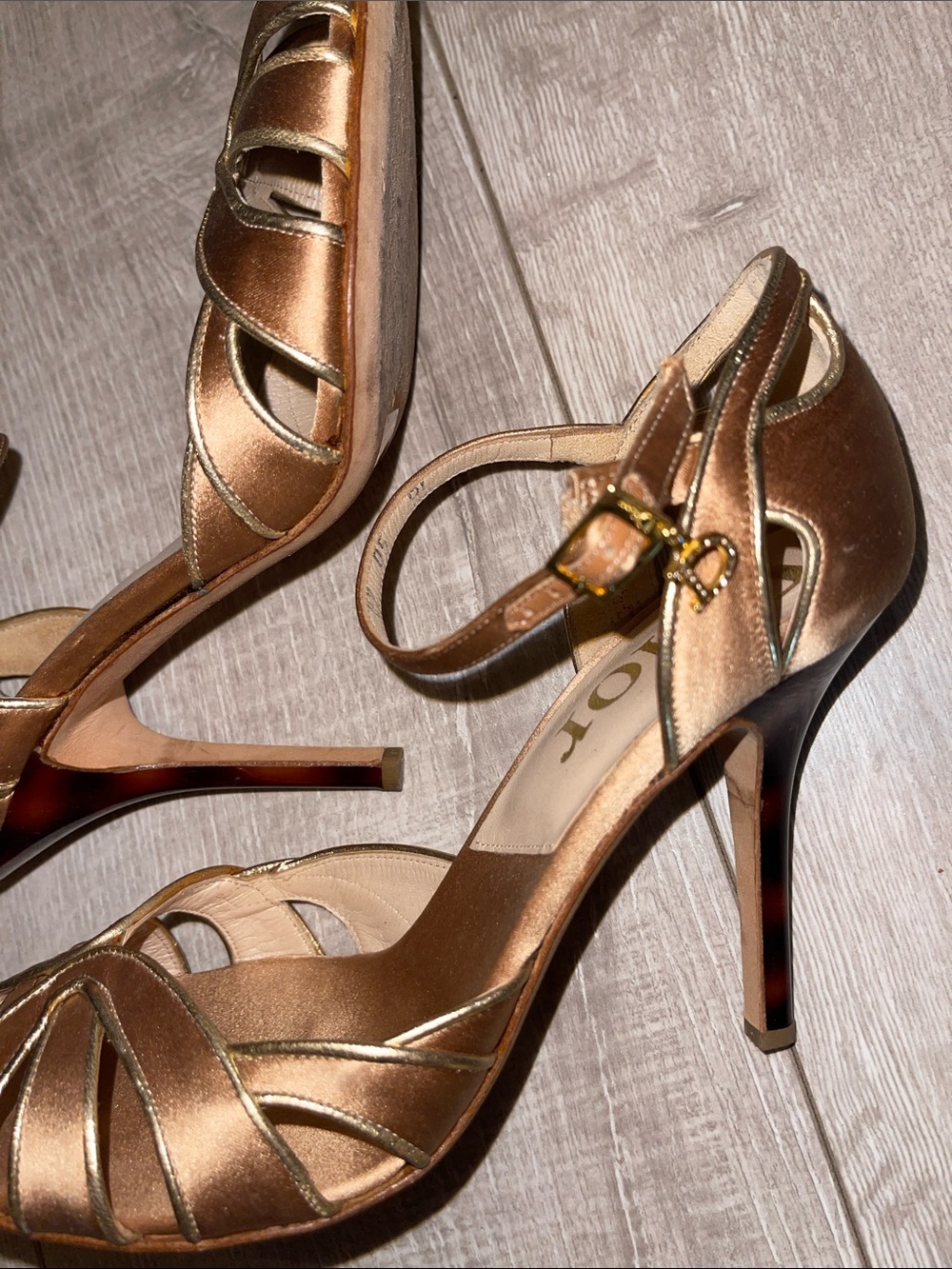 CHRISTIAN DIOR VTG Authentic Metallic Tan Dior Charm Strappy Heel Sandal - Picture 11 of 16